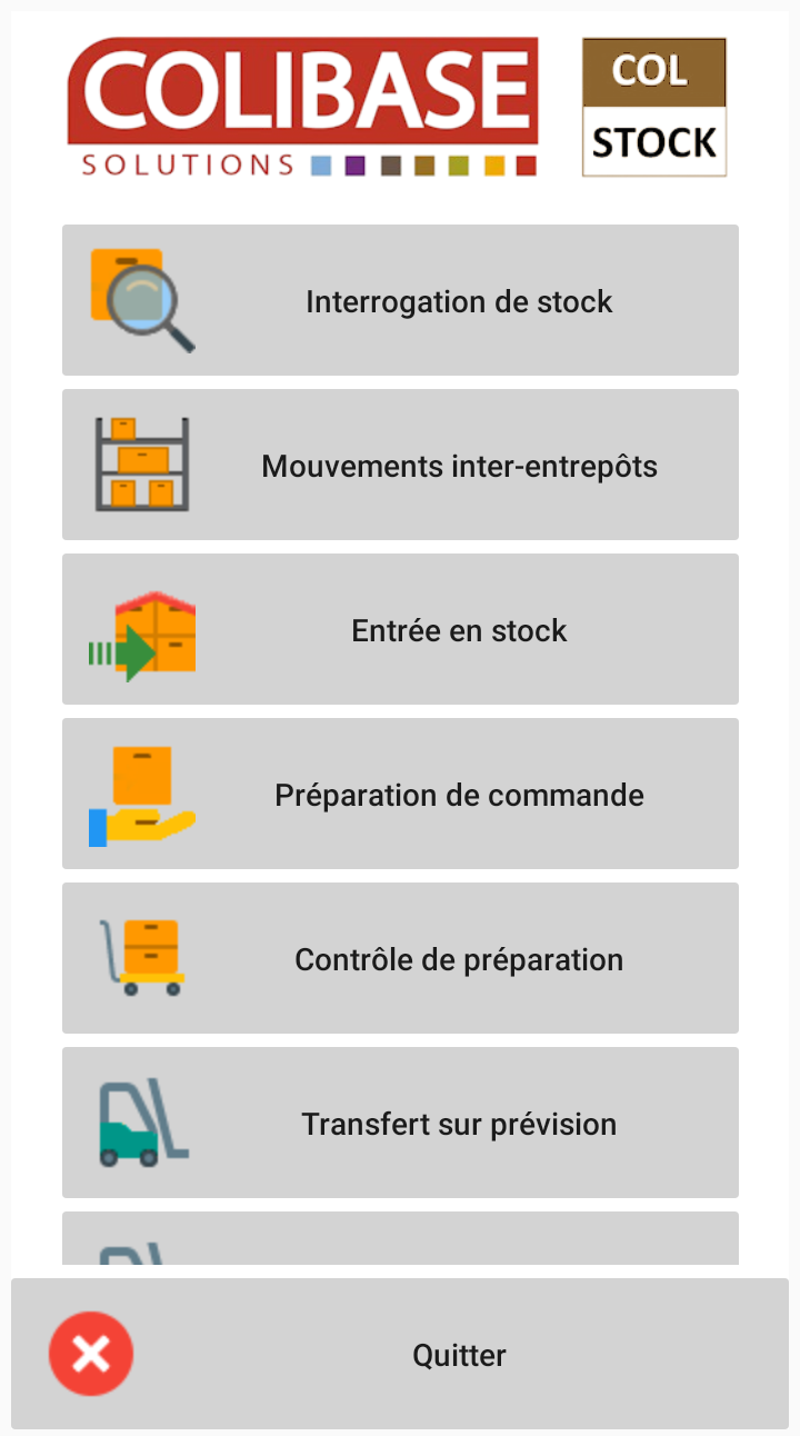 Écran d'accueil de Colstock : interrogation de stock, mouvements inter-entrepôts, entrée en stock, préparation et contrôle de commande, transfert sur prévision