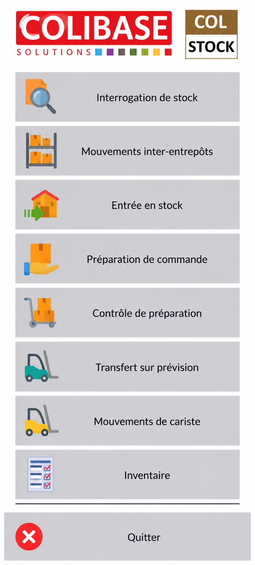 Menu principal de Colstock avec ses huit modules