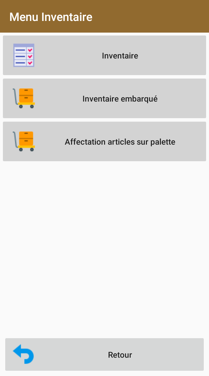 Menu Inventaire : inventaire, inventaire embarqué, affectation articles sur palette