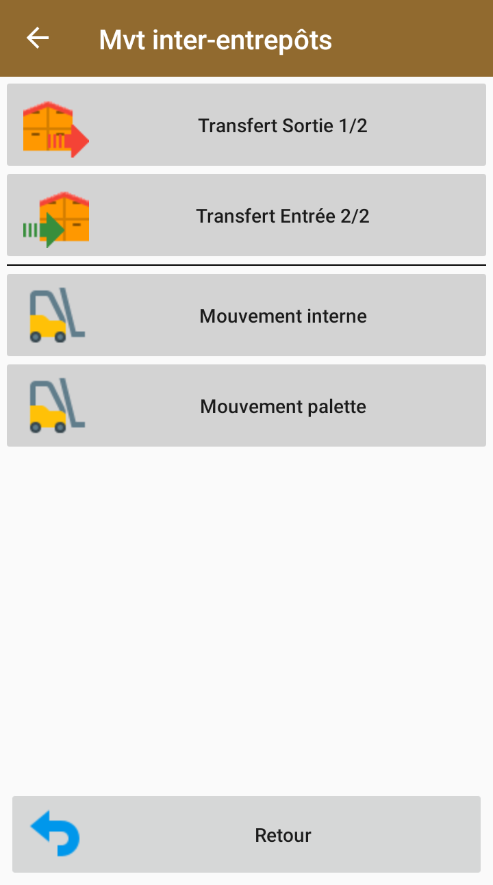 Menu Mouvements inter-entrepôts : transfert sortie, transfert entrée, mouvement interne, mouvement palette