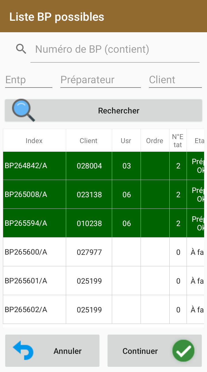 Liste des bons de préparation possibles, avec client, préparateur et état